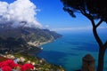 View of the coast below from a terrace in the Historic town of Ravello in the mountains in Southern Italy.