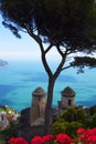 View of the coast below from a terrace in the Historic town of Ravello in the mountains in Southern Italy.