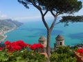 View of the coast below from a terrace in the Historic town of Ravello in the mountains in Southern Italy.