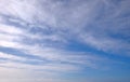 View from the coast of the Easter Island, of blue sky covered by white clouds, over the Pacific Ocean.