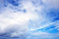 View from the coast of the Easter Island, of blue sky covered by white clouds, over the Pacific Ocean.