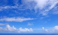 View from the coast of the Easter Island, of blue sky covered by white clouds, over the Pacific Ocean. Royalty Free Stock Photo