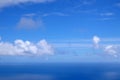 View from the coast of the Easter Island, of blue sky covered by white clouds, over the Pacific Ocean. Royalty Free Stock Photo