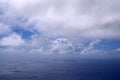 View from the coast of the Easter Island, of blue sky covered by white clouds, over the Pacific Ocean. Royalty Free Stock Photo