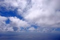 View from the coast of the Easter Island, of blue sky covered by white clouds, over the Pacific Ocean. Royalty Free Stock Photo