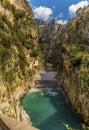 A view from the coast road looking down towards Italy`s only fjord at Fiordo di Furore on the Amalfi Coast, Italy Royalty Free Stock Photo