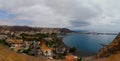 View with coastal buildings, blue water and pier of San Sebastian de la Gomera, Canary Islands