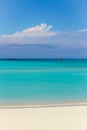 View of coastline of Iranja Island Nosy Iranja  lined with palm trees and boats floating in the sea, Madagascar Royalty Free Stock Photo