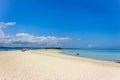 View of coastline of Iranja Island, Nosy Iranja lined with palm trees and boats floating in the sea, Madagascar Royalty Free Stock Photo