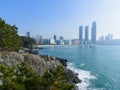 View of the coastline, sea and bridge in Busan South Korea in a sunny day from APEC Naru Park