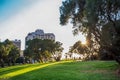 View of coastline of Tel Aviv in northern part with some hotel , amazing park and sunset