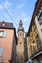 View of the Cochem Town Hall (Rathaus) through the narrow streets of the old town during the Christmas holidays