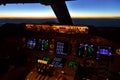 View of the cockpit of an commercial airplane cruising into the sunset. 15/09/2015 - Hymalayas, China