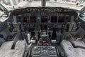 A view of the cockpit of a large commercial airplane a cockpit . Cockpit view of a aircraft cruising Control panel in a plane Royalty Free Stock Photo