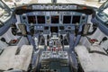 A view of the cockpit of a large commercial airplane a cockpit . Cockpit view of a aircraft cruising Control panel in a plane Royalty Free Stock Photo