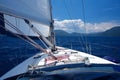 View from the cockpit of a sailboat looking forward. Main sail is open. Royalty Free Stock Photo