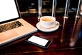 View of coffee, smartphone and laptop