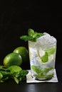 View of a cold mojito cocktail with some mint leaves and out of focus limes at the back Royalty Free Stock Photo