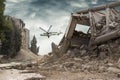 View on a collapsed concrete industrial building with an attack helicopter Mi24 in dark dramatic sky above Royalty Free Stock Photo