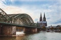 View of the Cologne Cathedral and ÃÂ¾ld railway arch bridge Royalty Free Stock Photo