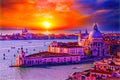 View of colorful artistic old Venice city with boat floating in river and famous San Marco Cathedral on background, Italycolor art Royalty Free Stock Photo