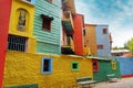 View of colorful buildings in Caminito of the Argentinean district La Boca, in Buenos Aires, with vintage walls against Royalty Free Stock Photo