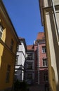 View on the colorful buildings with tiled roof on medieval street in old Riga, Latvia
