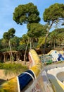 View from the colorful ceramic bench inside Parc Guell designed by Antoni Gaudi