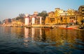 View of the colorful holy Indian city with Ganges river ghat in Varanasi.India