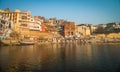 View of the colorful holy Indian city with Ganges river ghat in Varanasi.India