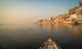 View of the colorful holy Indian city with Ganges river ghat in Varanasi.India