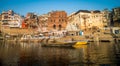 View of the colorful holy Indian city with Ganges river ghat in Varanasi.India