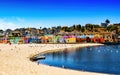 View of colorful homes on the beach in Capitola, California.