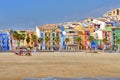 View of colorful homes on the Mediterranean beach of Villajoyosa, southern Spain.
