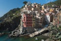 View of the colorful houses along the coastline of Cinque Terre area in Riomaggiore