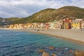 A view of the colorful houses and the beach of the village of Varigotti, in the province of Savona.