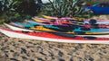 View of colorful kayaking equipment on a sandy beach, process of kayaking by the Ionian sea beach, with canoe kayak boat paddling Royalty Free Stock Photo