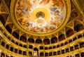 Colorful paintings of Hungarian State Opera house ceiling, Budapest, Hungary