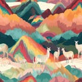 View Of The Colorful Rainbow Mountain In Peru With Herd Of Llamas Grazing Nearby. Infinite, Seamless Backgrounds. Generative AI