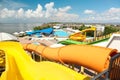 View from colorful slides in water park on day