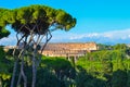 View of the Colosseum Coliseo from Roman Forum in Rome, Italy.