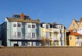 View of the colourful buildings on the seafront in Aldeburgh. UK
