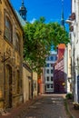 View of a colourful street in the old town of Riga, Latvia. Royalty Free Stock Photo