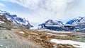 View of the Columbia Icefields in Jasper national Park, Alberta, Canada at spring time. The famous Athabasca Glacier on the left Royalty Free Stock Photo