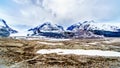 View of the Columbia Icefields in Jasper national Park, Alberta, Canada at spring time. The famous Athabasca Glacier on the Left Royalty Free Stock Photo