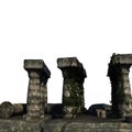 View of the columns of the ancient time overgrown with plants and leaves