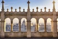 View through the columns of the Fishermen Bastion to the Parliament building in Budapest