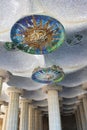 View of the columns and mosaic ceiling Park Guell Royalty Free Stock Photo