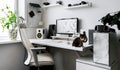 View comfortable home office workplace of creator with little fluffy kitten Royalty Free Stock Photo