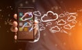 Concept of cloud stockage with icon around a smartphone Royalty Free Stock Photo
